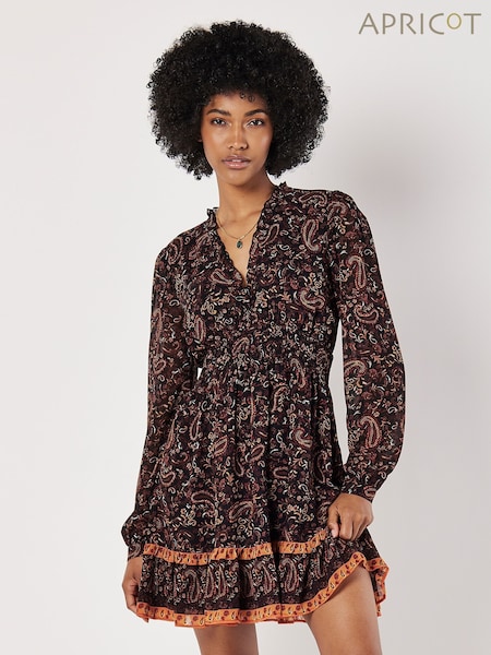 Apricot Black Paisley Border Ruffle Dress (AG4440) | €50