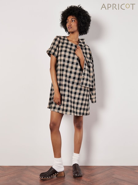Apricot Black Plaid Swing Turn Up Cuff Dress (AG4442) | €34