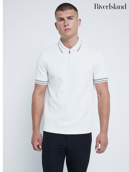 River Island Cream Slim Fit Quilted 100% Cotton Polo Shirt (AG4527) | 148 QAR