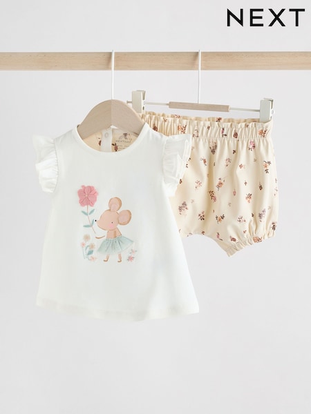 White/Cream Mouse Short Sleeve Baby Top & Shorts Set 2 Piece (AG4707) | €17 - €20