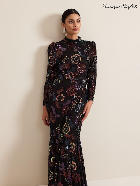 Phase Eight Black Lelo Sequin Long Sleeved Maxi Dress (AG4831) | AED2,091