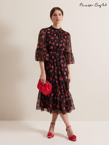 Phase Eight Black Petite Lela Floral Textured Midi Dress (AG4847) | AED434