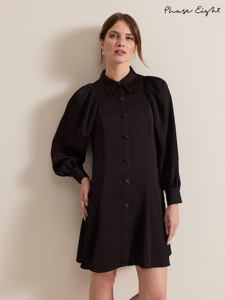 Phase Eight Black Petite Tila Satin Embellished Shirt Dress (AG4855) | €99