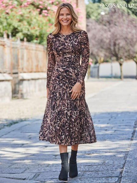 Sosandar Natural Petite Animal Print Mesh Ruched Waist Fit and Flare Dress (AG5081) | €95