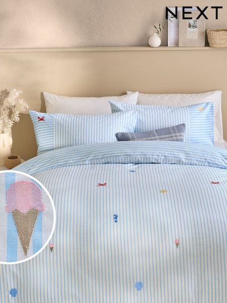 Blue 100% Cotton Stripe Summer Icons Reversible Duvet Cover and Pillowcase Set (AG5104) | €46 - €86