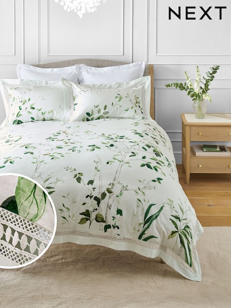 Green Floral Print 100% Cotton 300TC Sateen Duvet Cover and Pillowcase Set (AG5106) | €79 - €119
