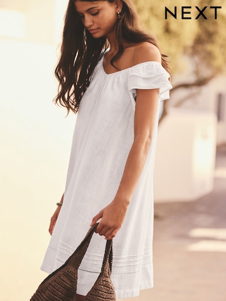 White V-Neck Ruffle Sleeve Mini Dress with Linen (AG5119) | kr460