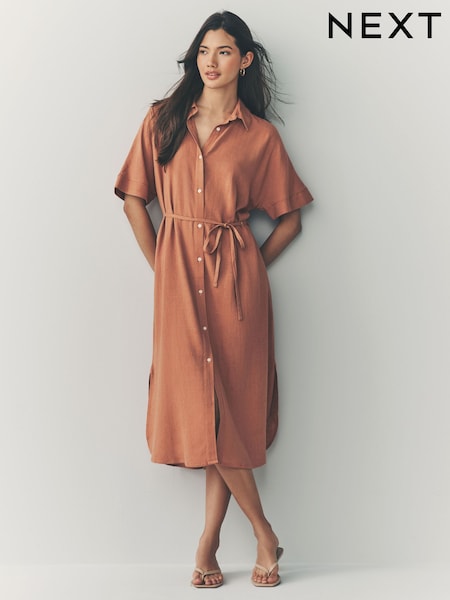 Terrakotta/Braun - Kurzärmeliges Midikleid mit Taillenschnürung und Leinenmaterial (AG5123) | 51 €