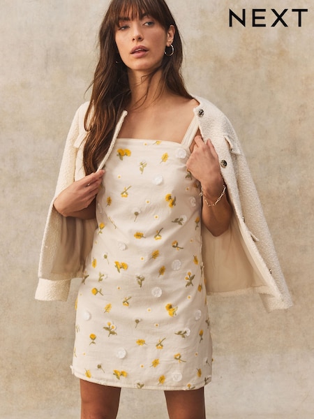 Cream/Keltainen - Floral Ditsy Print Embroidered 100% Cotton Mini Dress (AG5129) | €60