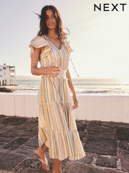 Off White and Blue Stripe Flutter Sleeve Tie Neck Elasticated Waist Tiered Midi Dress (AG5132) | kr625