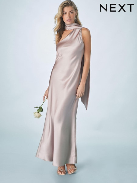 وردي داكن - Bridesmaid Satin Maxi One Shoulder Scarf Neck Dress (AG5161) | ‏34 ر.ع.‏