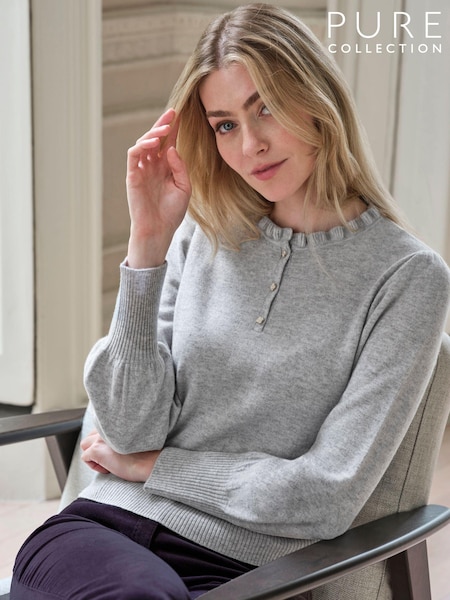 Pure Collection Grey Cashmere Frill Neck Jumper (AG5223) | €204