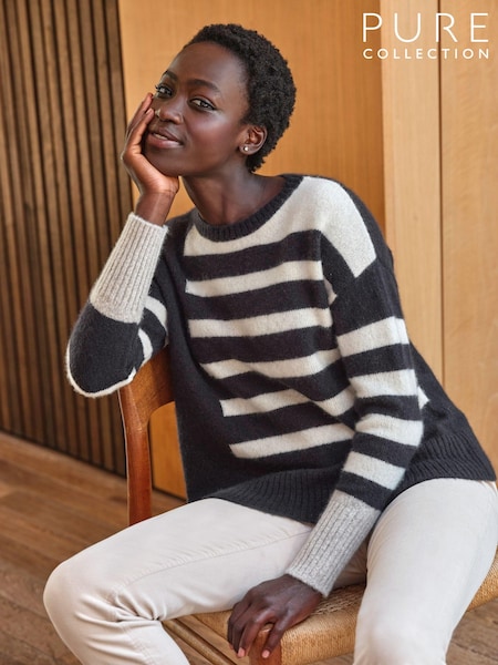 Pure Collection Natural Wool Cashmere Fluffy Block Stripe Sweater (AG5229) | €121
