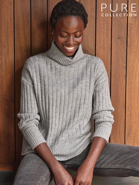 Pure Collection Grey Wool Cashmere Ribbed Roll Neck Sweater (AG5237) | €102