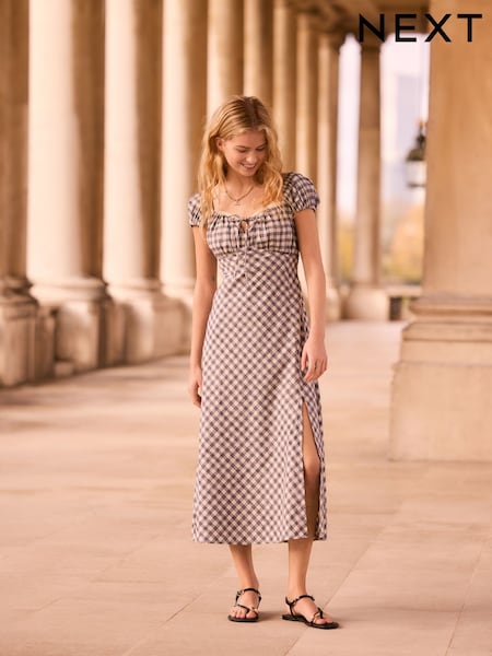 Navy Blue Gingham Puff Sleeve Midi Dress (AG5311) | €56