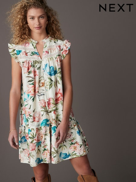 Cream/Sininen/Vaaleanpunainen Vintage Kukallinen Printti; kuvio Boho- - Frill Detail Lace Insert Mini Dress With Linen (AG5312) | €42