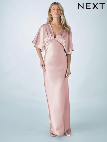 Altrosa - Brautjungfern-Maxikleid aus Satin mit Flügelärmeln (AG5327) | 119 €