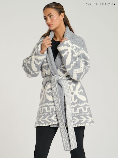 South Beach Grey Aztec Jacquard Waist Tie Knit Cardigan (AG5438) | €41.50