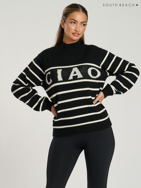 South Beach Black Funnel Neck Slogan Striped Knit Jumper (AG5460) | €17.50