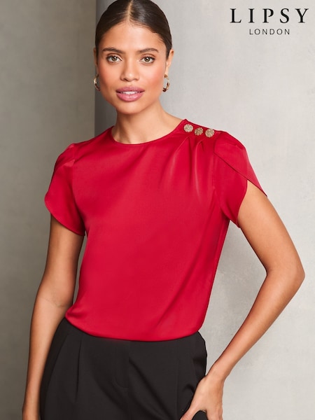 Lipsy Red Tulip Sleeve Round Neck Button Detail Satin Top (AG5559) | €28