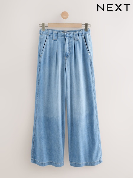 Mid Blue Linen Blend Wide Leg Palazzo Denim Trousers (AG5595) | AED100