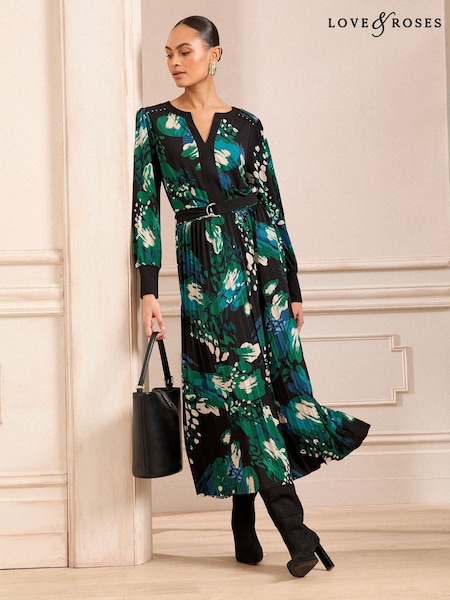 Love & Roses Black Animal Petite Pleated Midi Dress (AG5600) | $93