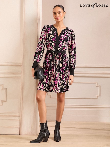 Love & Roses Berry Animal Petite Printed Jersey Pleated Belt Detail Mini Dress (AG5608) | $79