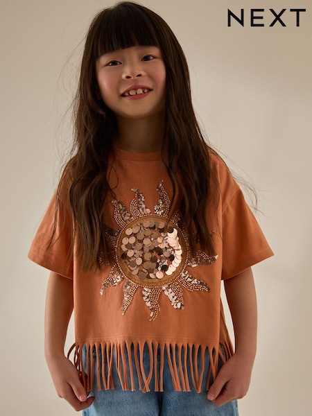 Orange Sequin Sun Fringe 100% Cotton T-Shirt (3-16yrs) (AG5721) | €18 - €25