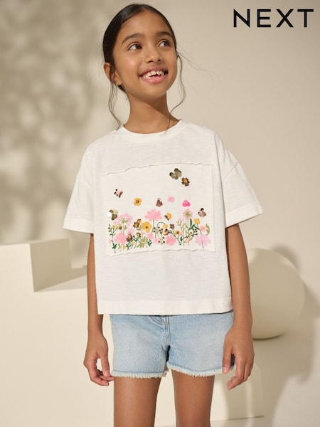 White 100% Cotton Sequin Embroidered Floral Print T-Shirt (3-16yrs) (AG5726) | 576 UAH - 782 UAH