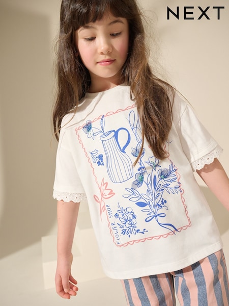 أبيض - Floral Graphic 100% Cotton T-Shirt (3-16yrs) (AG5736) | ‏54 ر.ق. - ‏79 ر.ق.
