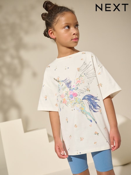 Blue/Ecru Floral Unicorn Oversized T-Shirt And Cycle Shorts Top & Shorts Set (3-16yrs) (AG5744) | 576 UAH - 823 UAH