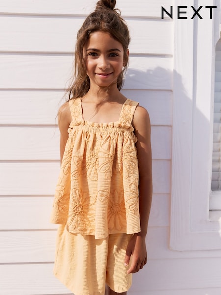Yellow Floral Embroidered Vest & Shorts Set (3-16yrs) (AG5747) | AED107 - AED137
