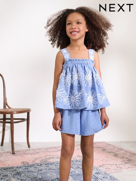 Blue Floral Embroidered Vest & Shorts Set (3-16yrs) (AG5749) | kr340 - kr430