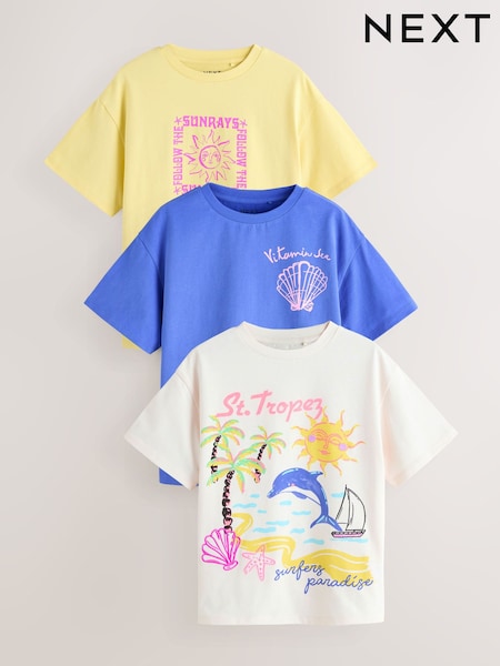 Yellow/Blue Beach Print Oversized T-Shirts 3 Pack (3-16yrs) (AG5756) | 700 UAH - 947 UAH