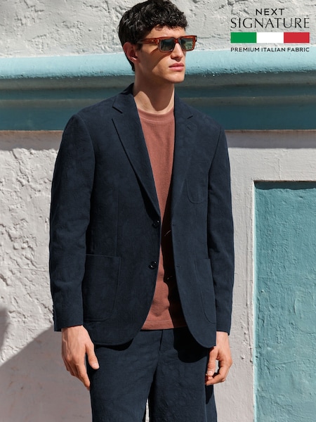 Navy Regular Fit Nova Fides Italian Fabric Crochet Pattern Suit Jacket (AG5770) | €113