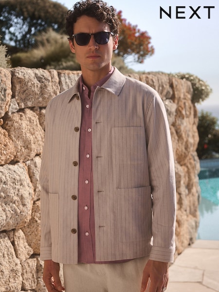 Neutral Striped Linen Blend Shacket (AG5780) | €78
