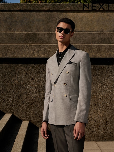 Harmaa - Linen Blend Texture Double Breasted Suit Jacket (AG5787) | €122
