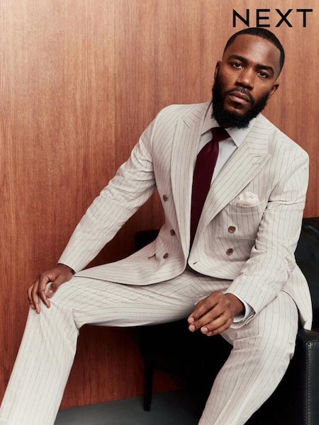 Neutral Striped Double Breasted Suit Jacket With Linen (AG5788) | €131