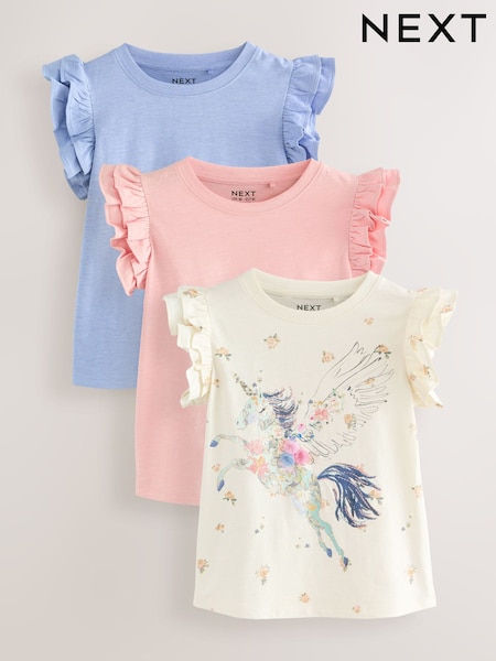 Blue/Pink/Ecru - 100% Cotton Unicorn Frill Sleeve T-Shirts 3 Pack (3-16yrs) (AG5837) | 25 € - 33 €