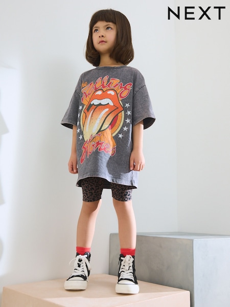 Charcoal Grey Rolling Stones Oversized License T-Shirt & Cycle Shorts Set (3-16yrs) (AG5842) | €27 - €36