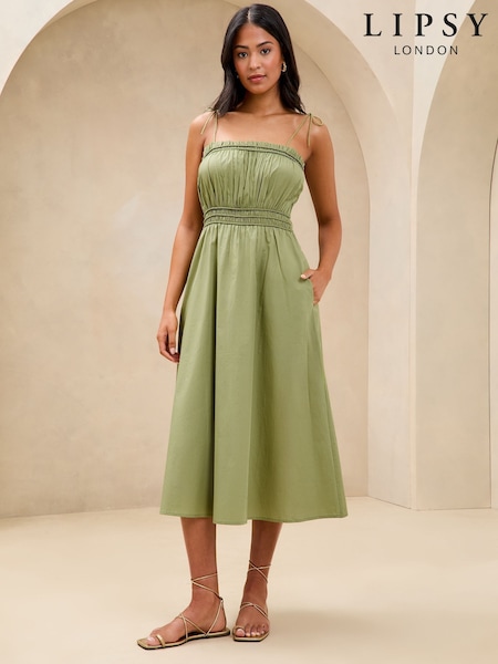Lipsy Poplin Cami Strap Ruched Midi 100% Cotton Dress (AG5870) | 69 €