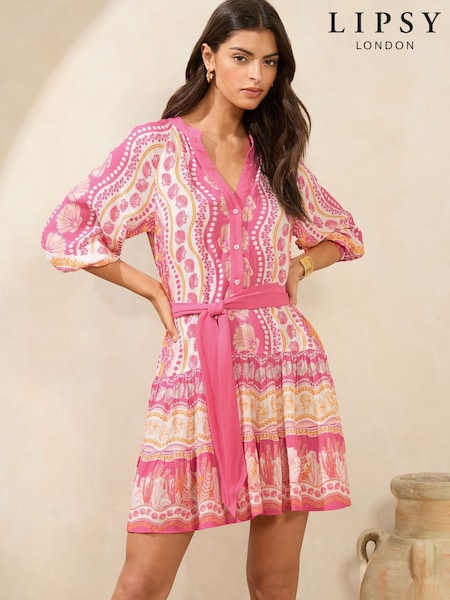 Lipsy Pink Floral Beach 3/4 Sleeve Mini  Shirt Dress (AG5871) | LEI 335