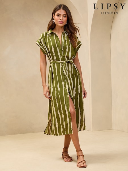 Lipsy Green Petite Short Sleeve Linen Look Button Down Midi Shirt Dress (AG5879) | kr700