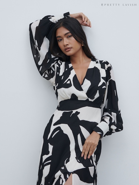 Pretty Lavish Black and White Lilianna Balloon Sleeve Printed Dress (AG5949) | €53