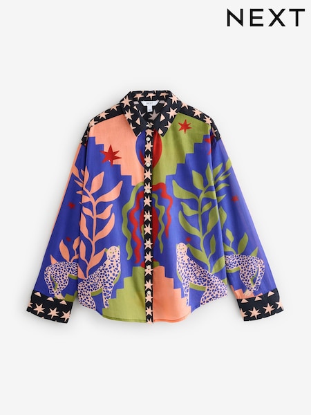 Violetti Leopard Abstract Placement Printti; kuvio - Pitkä hiha 100% Cotton Relaxed Lightweight Paidat (AG5958) | €37