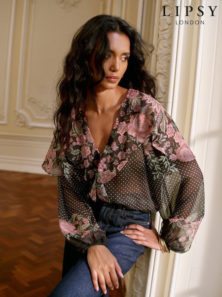 Lipsy Black Floral Ruffle Blouse (AG5991) | AED262