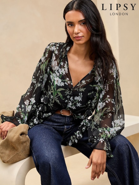 Lipsy Long Sleeve Blouse With 3d Floral Ties (AG5992) | ‏226‏₪