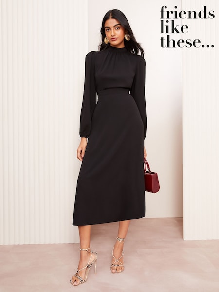Friends Like These Black High Neck Long Sleeve Midi Dress with Bow Detailing (AG6032) | $84