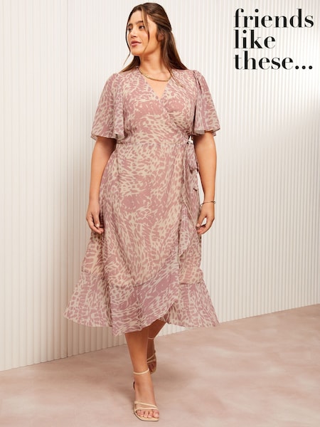 Friends Like These Pink Curve Chiffon Mix Flutter Sleeve Wrap Dress (AG6040) | €100