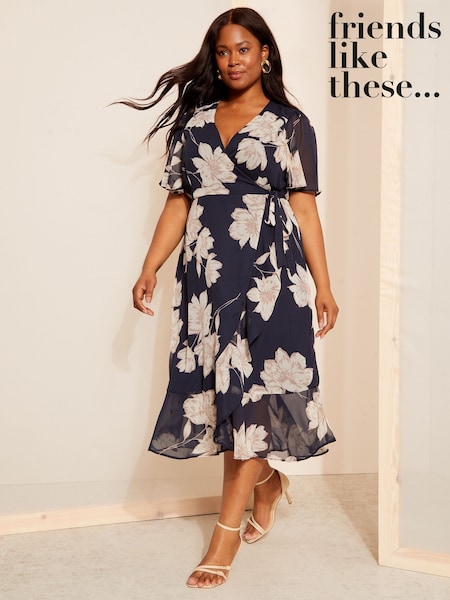Laivasto Sininen Kukallinen  - Friends Like These Chiffon Mix Flutter Sleeve Wrap Dress (AG6041) | €120